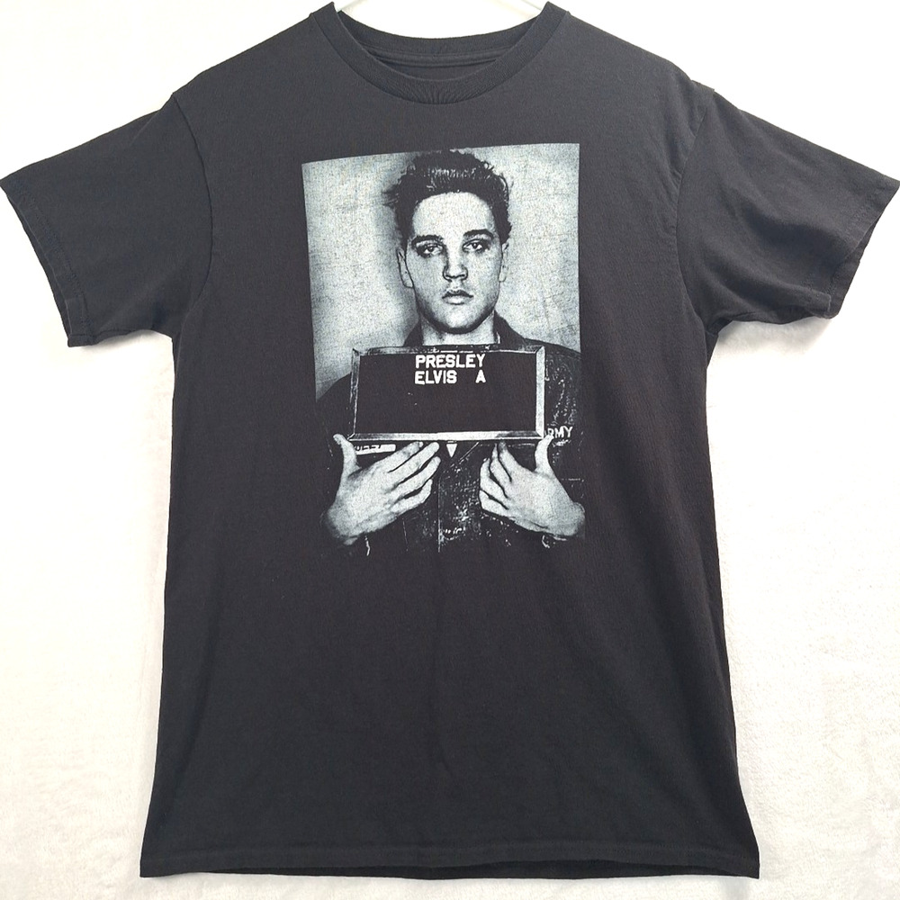 Elvis Presley Jail Mug Shot Womens O Men's Black T Shirt Rock n Roll